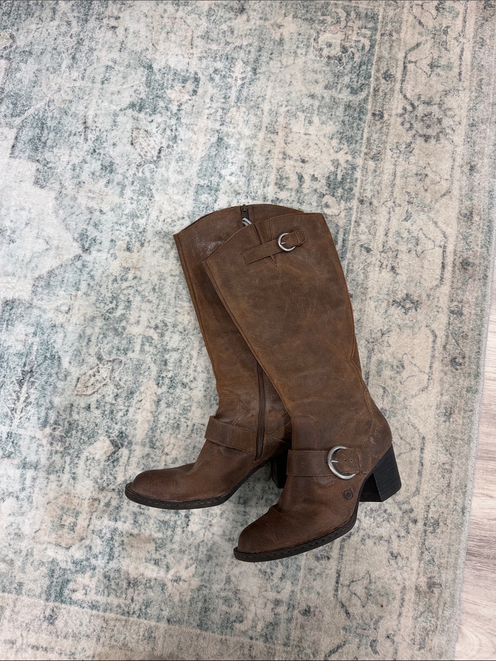 Born Brown Distressed Leather Mid-Calf Heeled Riding Boots buckle size 8.5